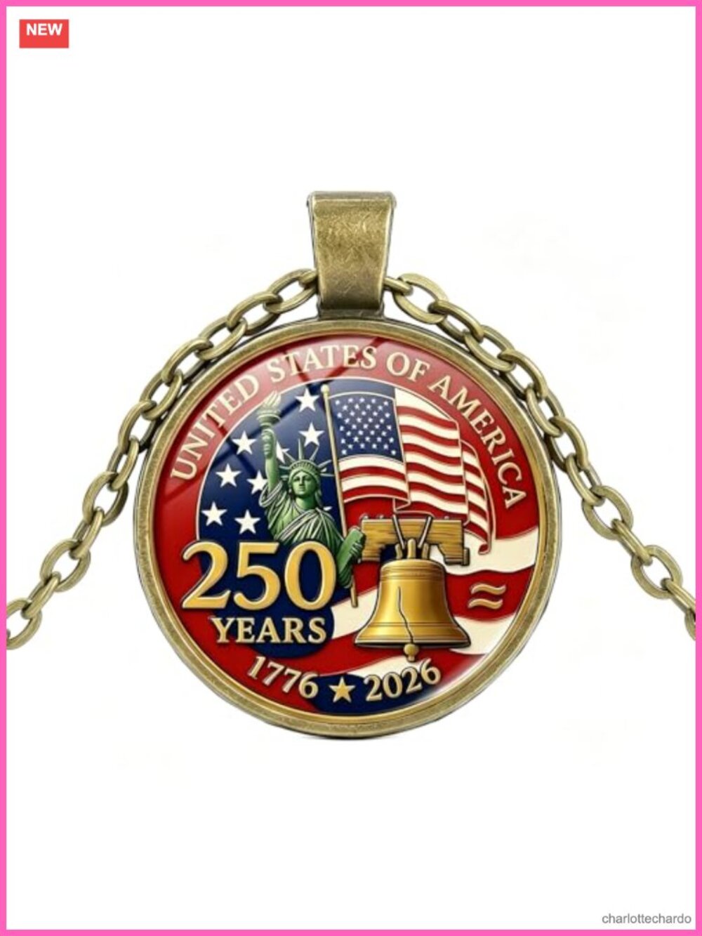 250th Anniversary Patriotic Pendant Necklace Bronze Metal Lady Liberty USA